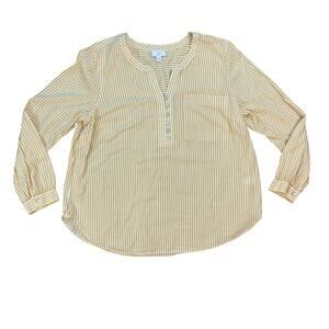 J.Jill Women's L Yellow White Striped Button Henley Blouse Cotton Long Sleeve